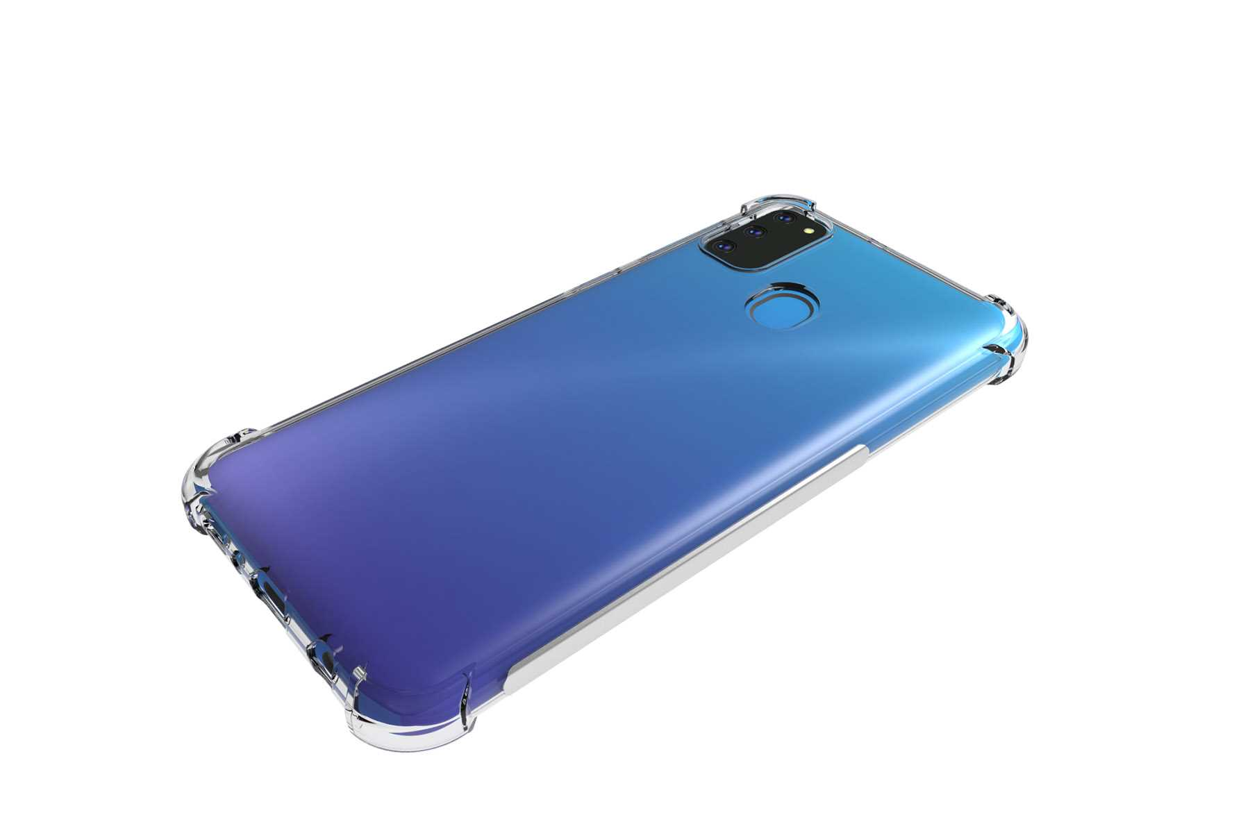 Ein Smartphone in einer transparenten Hülle wird auf weißem Hintergrund gezeigt.