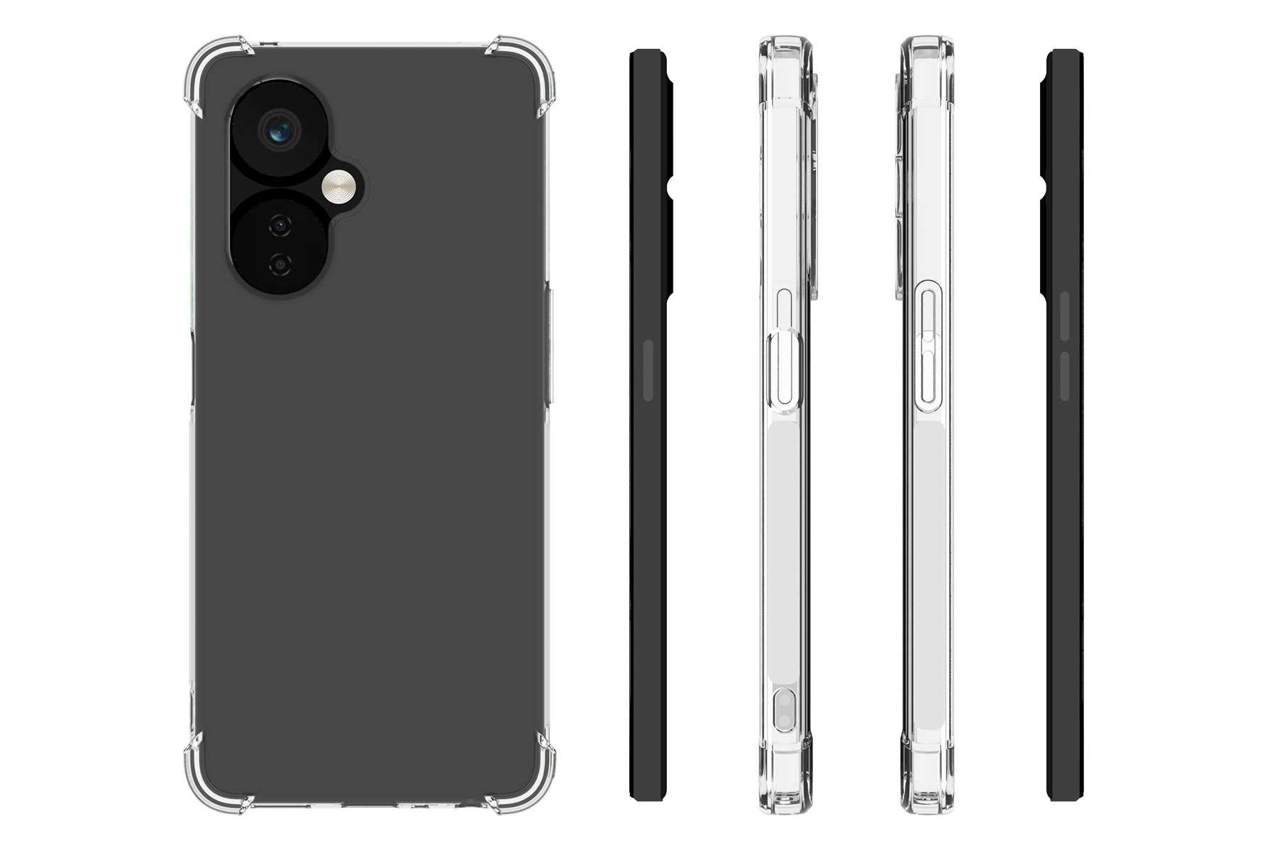Ein schwarzes Smartphone in einer transparenten Hülle. Die Rückseite zeigt zwei Objektive und einen Blitz. Seitenansichten zeigen die Hüllendetails.