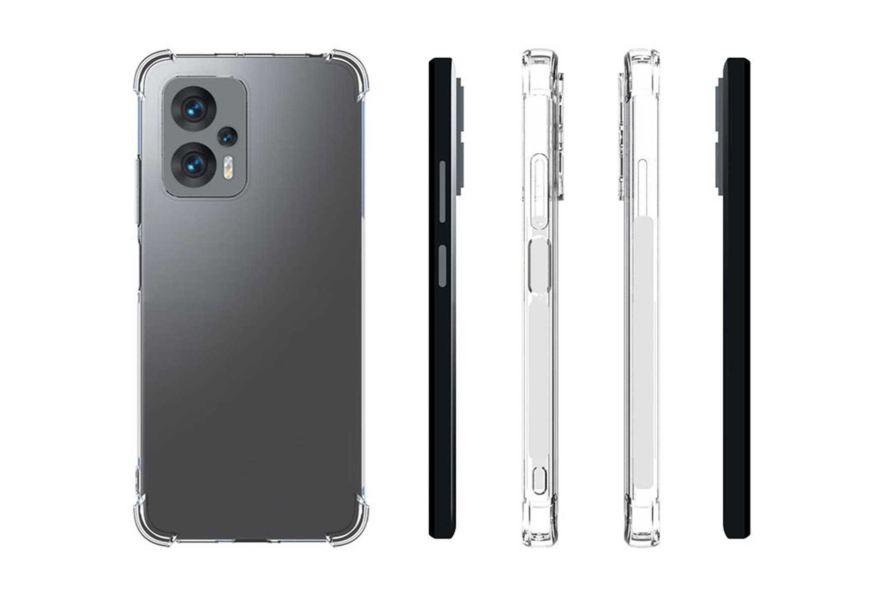 Ein Smartphone in einer durchsichtigen Hülle, aus verschiedenen Blickwinkeln gesehen.