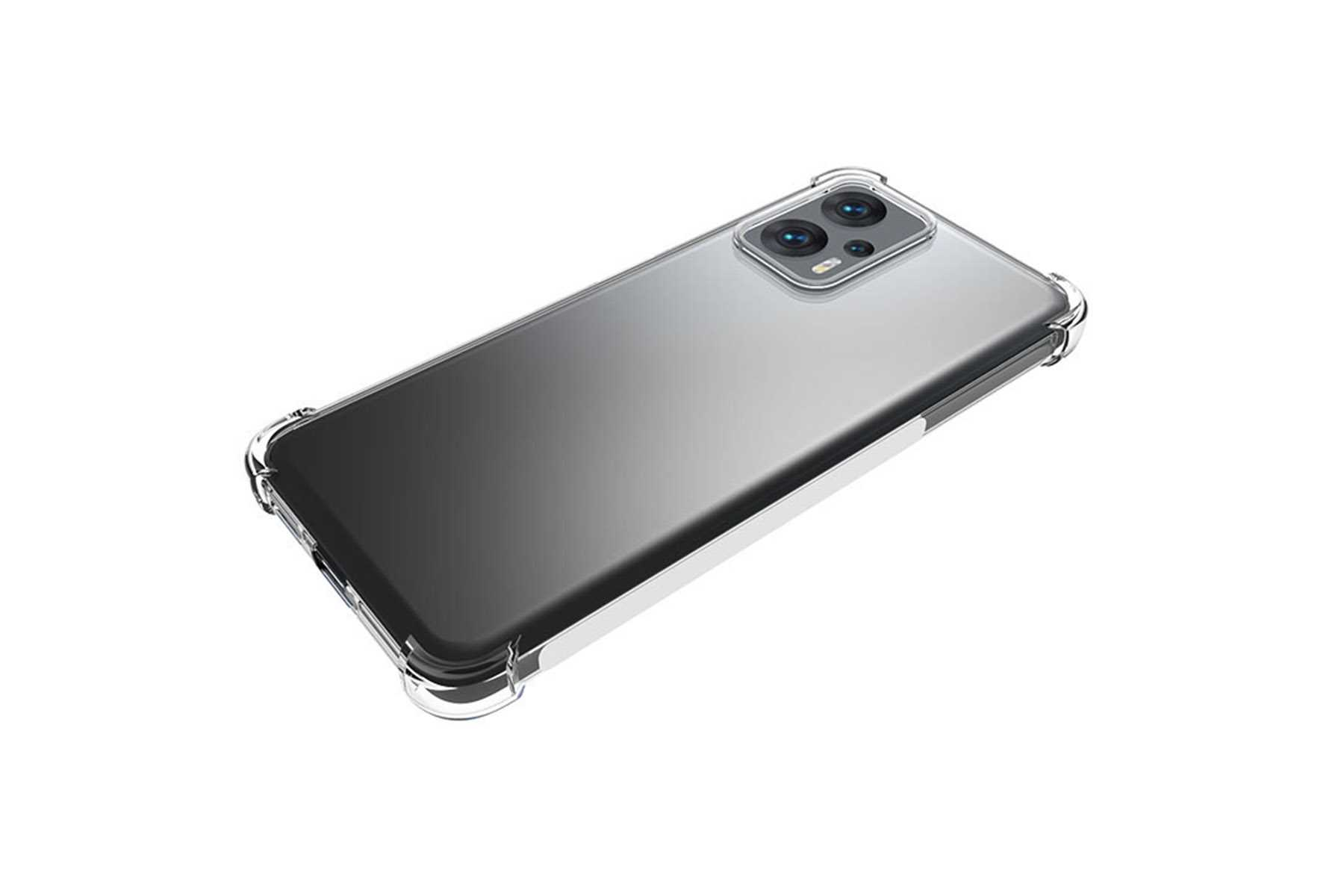 Smartphone in einer transparenten Schutzhülle. Das Telefon hat mehrere Kameras und eine Glasrückseite.