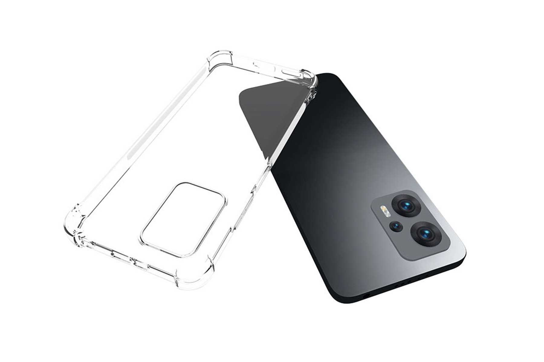 Eine transparente Handyhülle neben einem schwarz-grauen Smartphone.