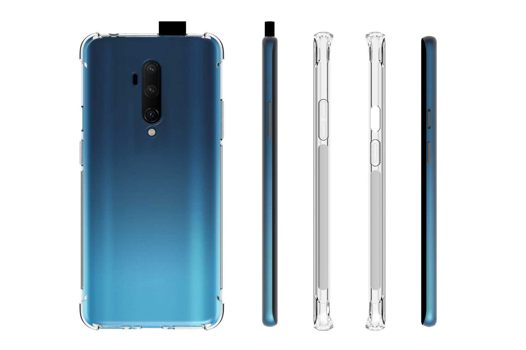 Telefon mit durchsichtigem Gehäuse, Seiten- und Rückansicht.