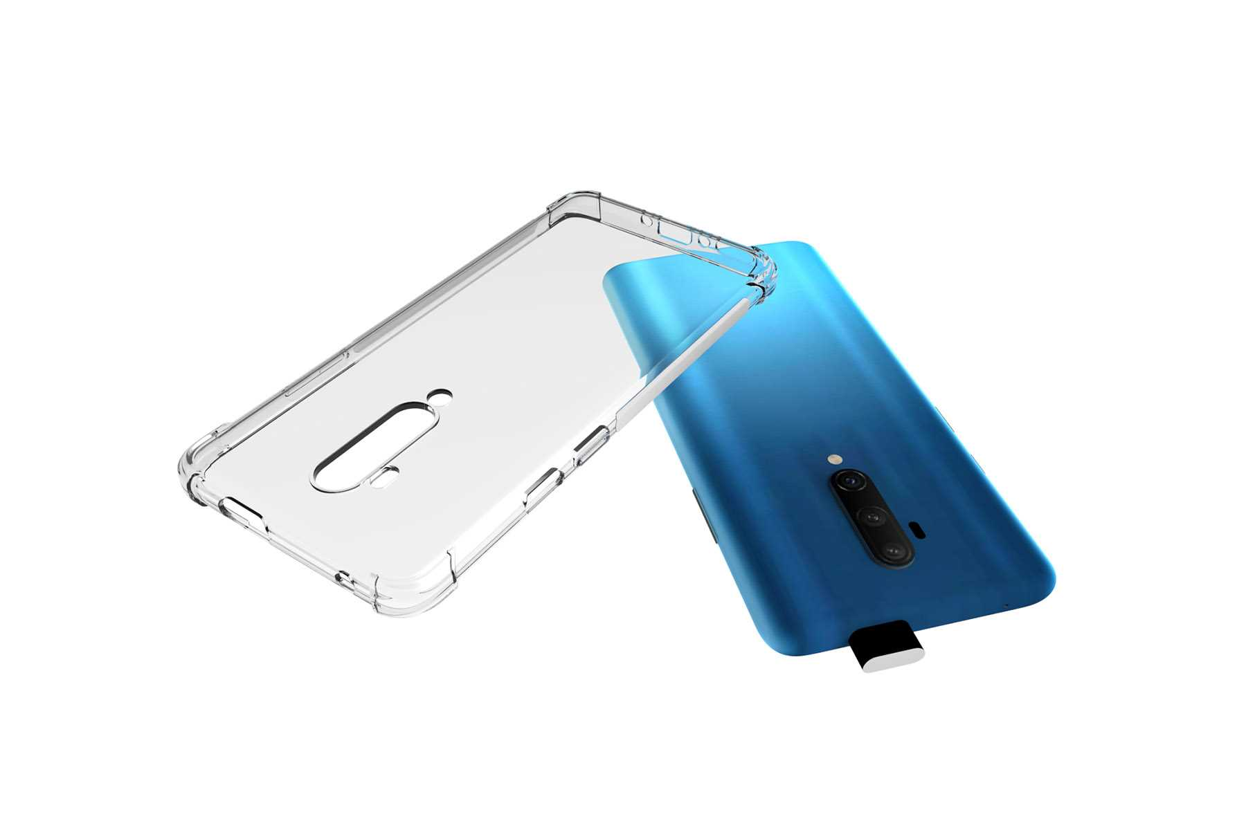 Eine transparente Handyhülle neben einem blauen Telefon auf weißem Grund.
