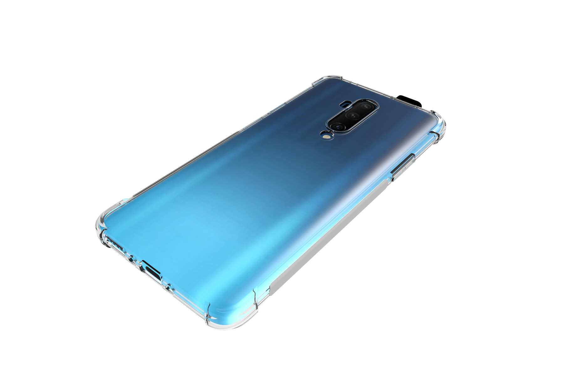 Ein blaues Telefon in einer durchsichtigen Hülle, liegt auf einer weißen Oberfläche, schräge Ansicht.