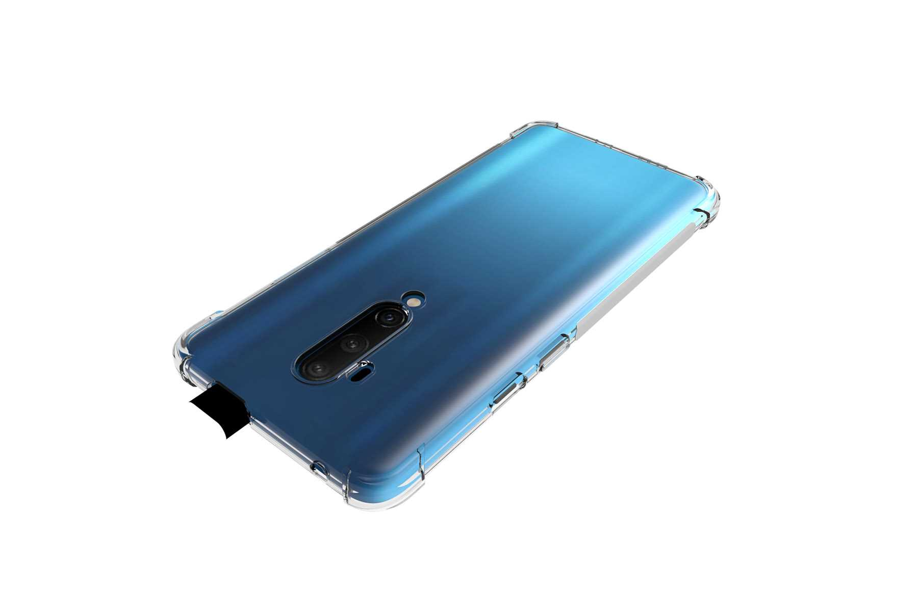 Blaues Telefon in einer transparenten Hülle, schräge Ansicht.