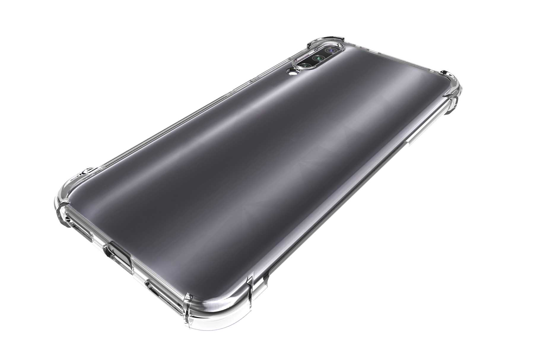 Ein Smartphone in einer transparenten Hülle, von hinten gesehen. Das Telefon ist dunkel, die Hülle ist transparent.