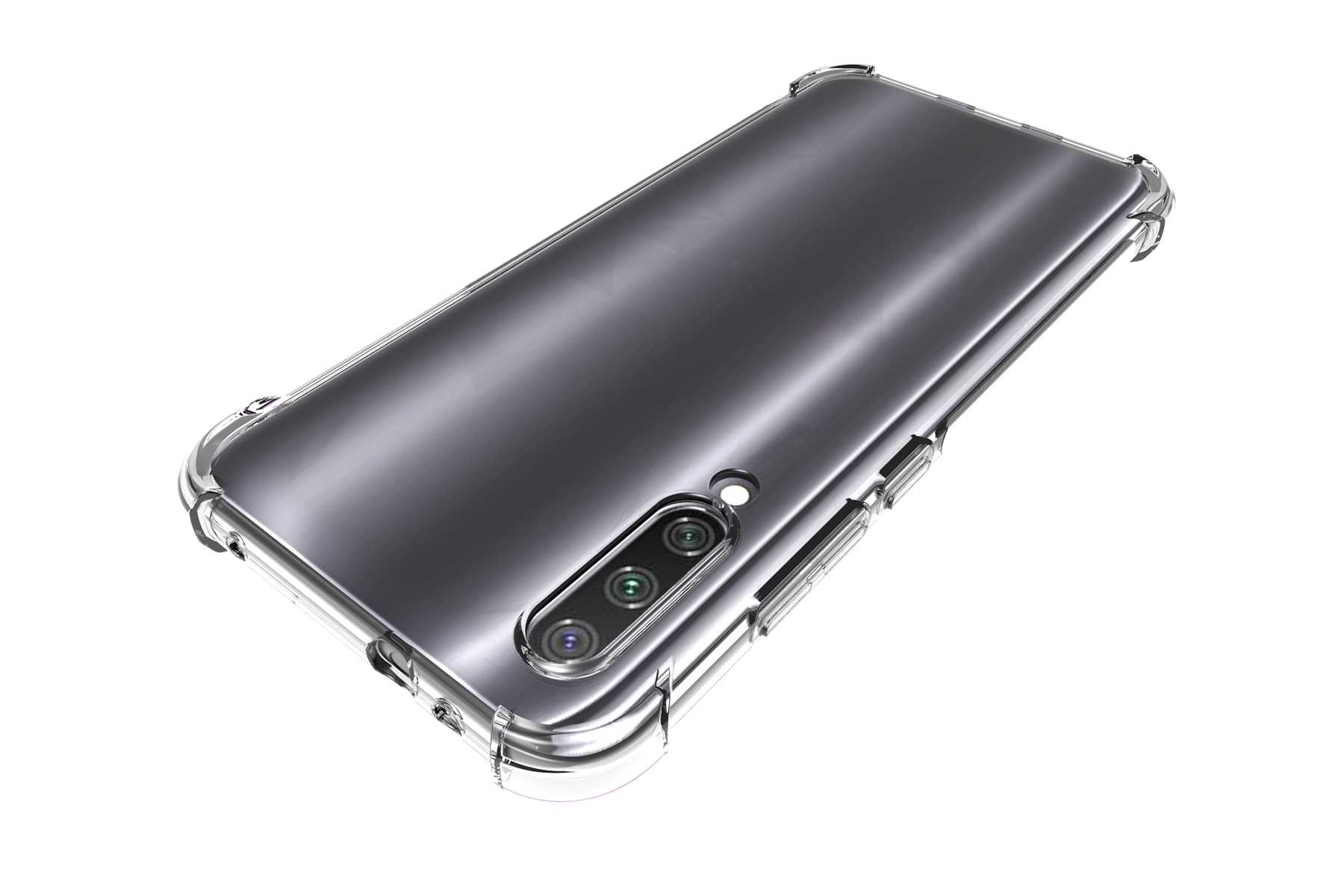 Eine transparente Schutzhülle auf einem Smartphone. Das Telefon hat mehrere Kameras auf der Rückseite.