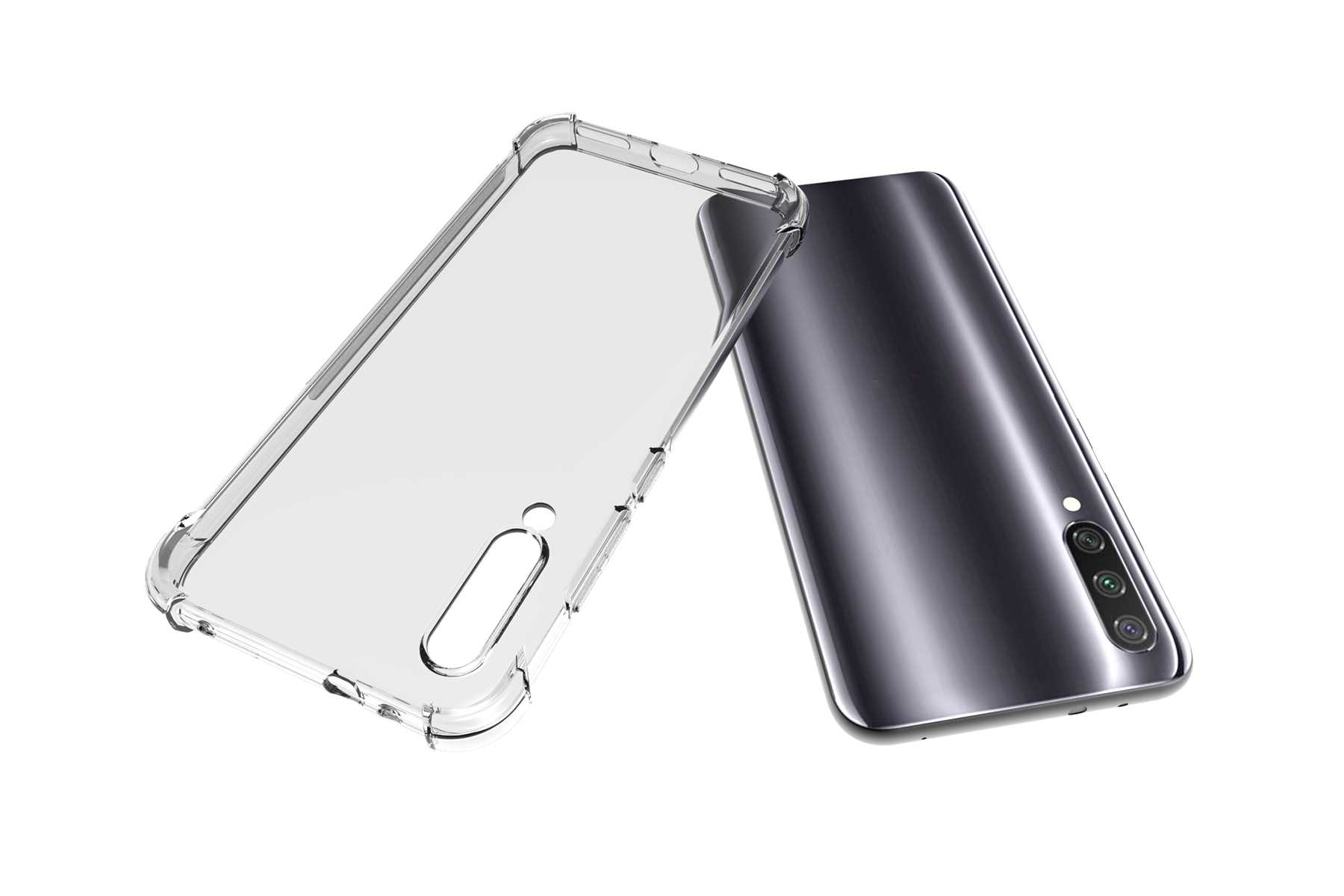 Transparente Handyhülle und ein dunkelgraues Telefon. Die Hülle ist abgewinkelt, das Telefon ist weiß.