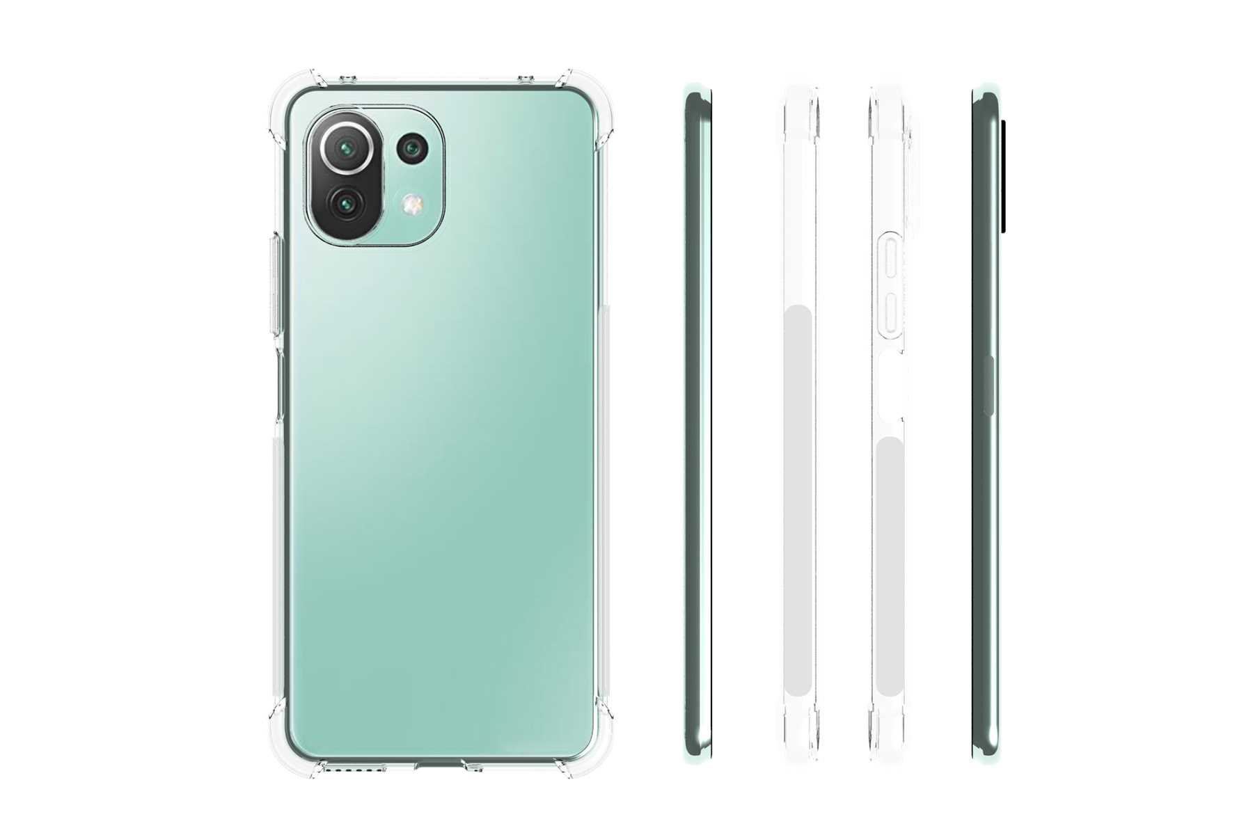 Ein grünes Telefon in einer transparenten Hülle. Das Telefon wird aus verschiedenen Winkeln gezeigt. Die Hülle hat verstärkte Ecken.