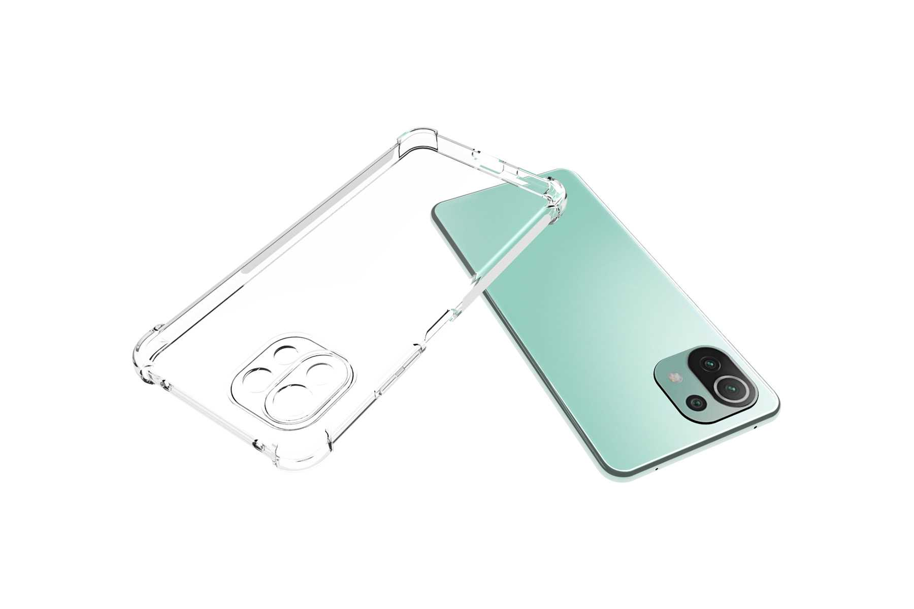 Eine klare Handyhülle und ein grünes Telefon. Das Telefon hat eine Kamera, die Hülle liegt seitlich.