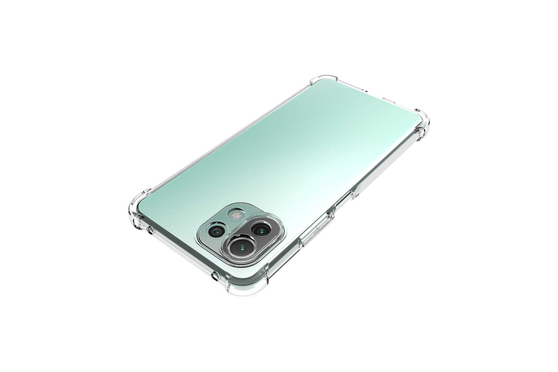 Ein Telefon in einer durchsichtigen Hülle. Das Telefon ist mintgrün, die Hülle ist transparent. Weißer Hintergrund.