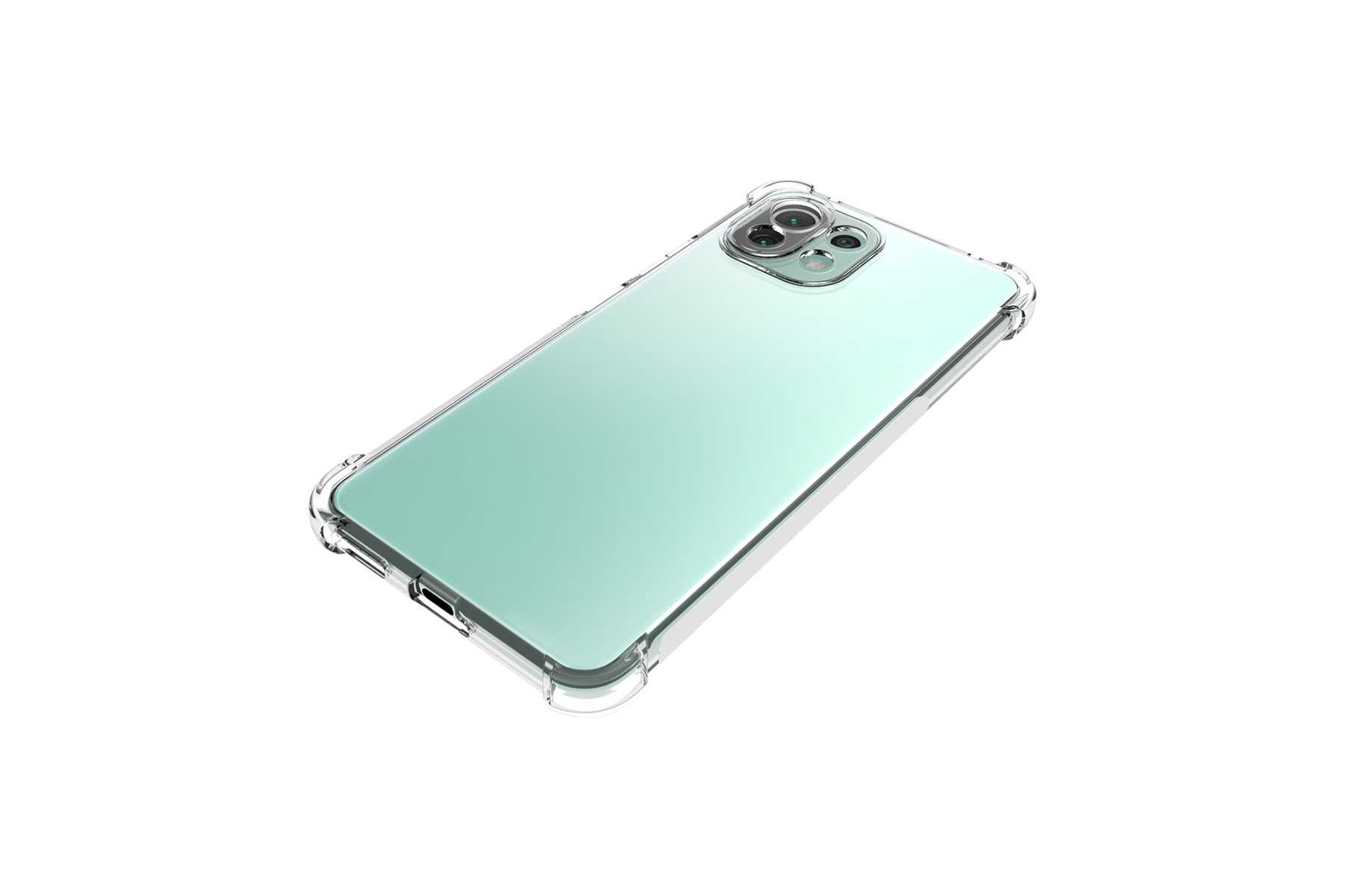 Smartphone mit transparenter Hülle auf weißem Hintergrund. Das Telefon ist mintgrün.