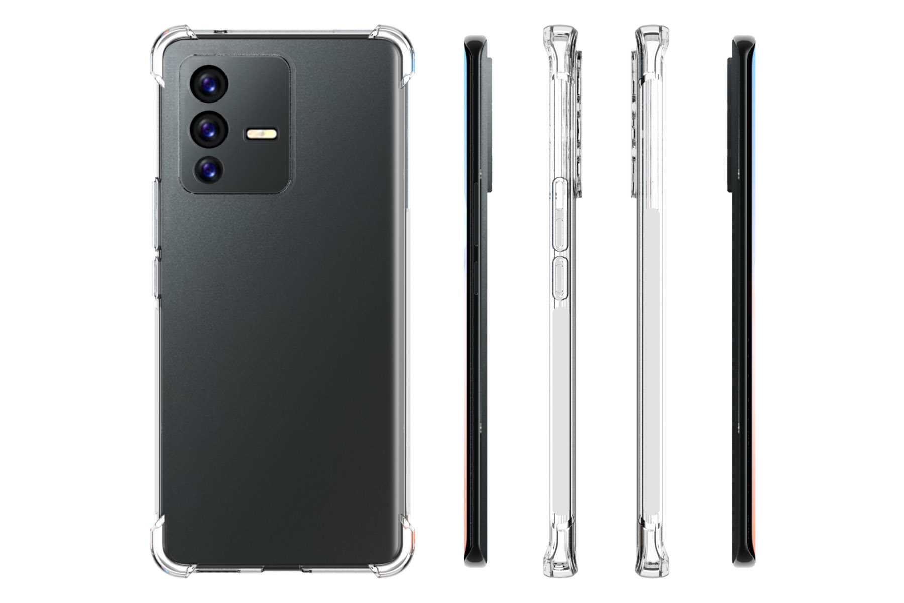 Mobiltelefon mit Schutzhülle, mehrere Ansichten, transparente Abdeckung.