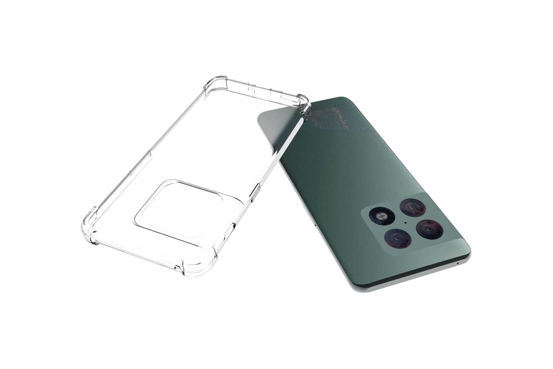Smartphone mit durchsichtiger Hülle. Das Telefon ist grün mit mehreren Kameras. Die Hülle ist separat.