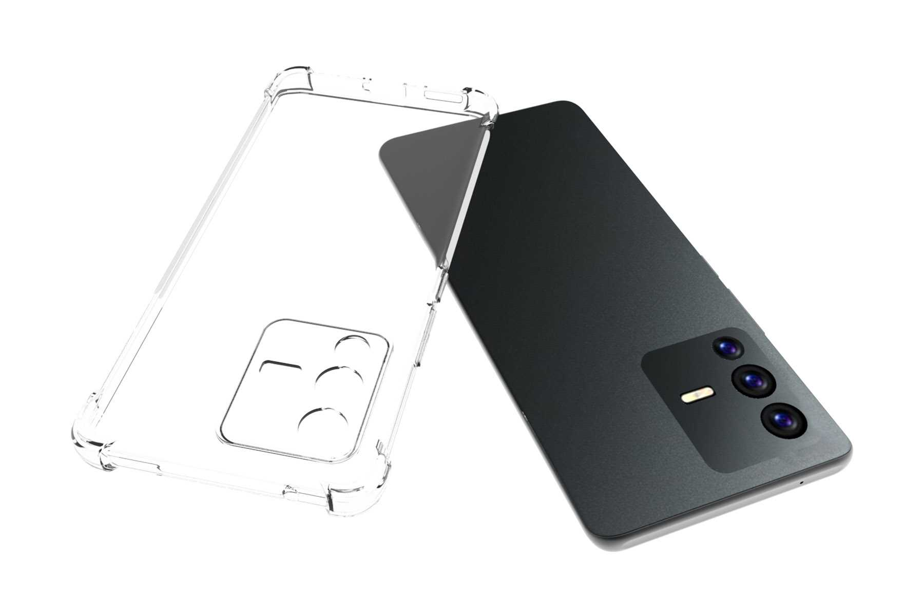 Ein schwarzes Smartphone und eine transparente Handyhülle. Die Handyhülle ist offen.