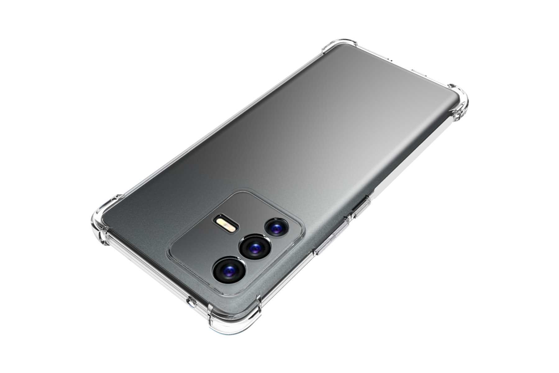Smartphone-Rückseite mit drei Linsen und klarer Hülle auf weißem Hintergrund. Die Hülle hat verstärkte Kanten.