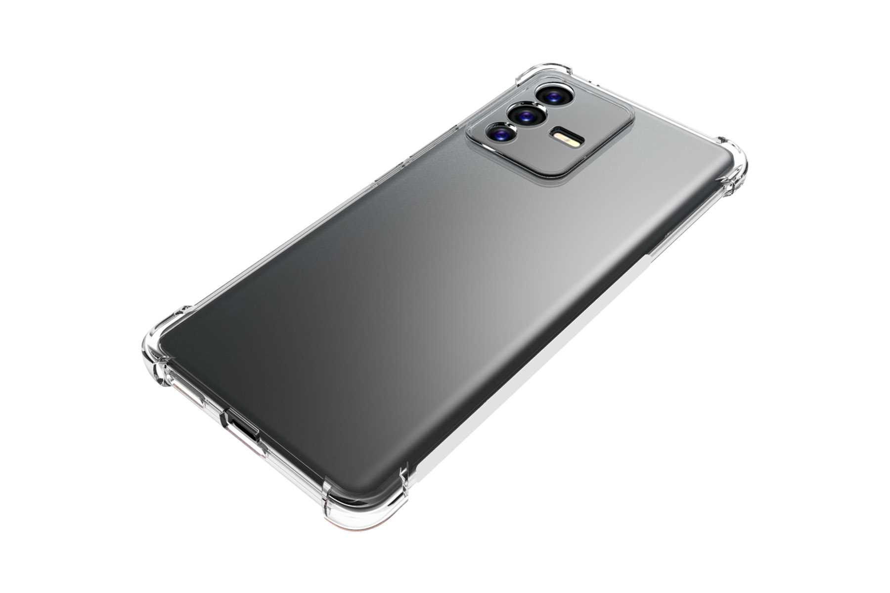 Telefon mit klarer Schutzhülle. Das Telefon hat eine dunkelgraue Rückseite und eine Hülle.
