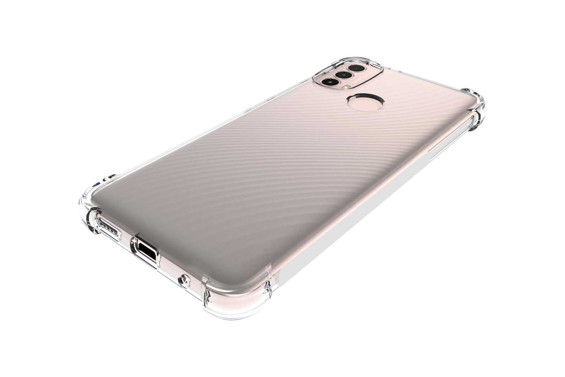 Transparente Handyhülle auf einem hellen Telefon mit transparentem Stoßfänger.
