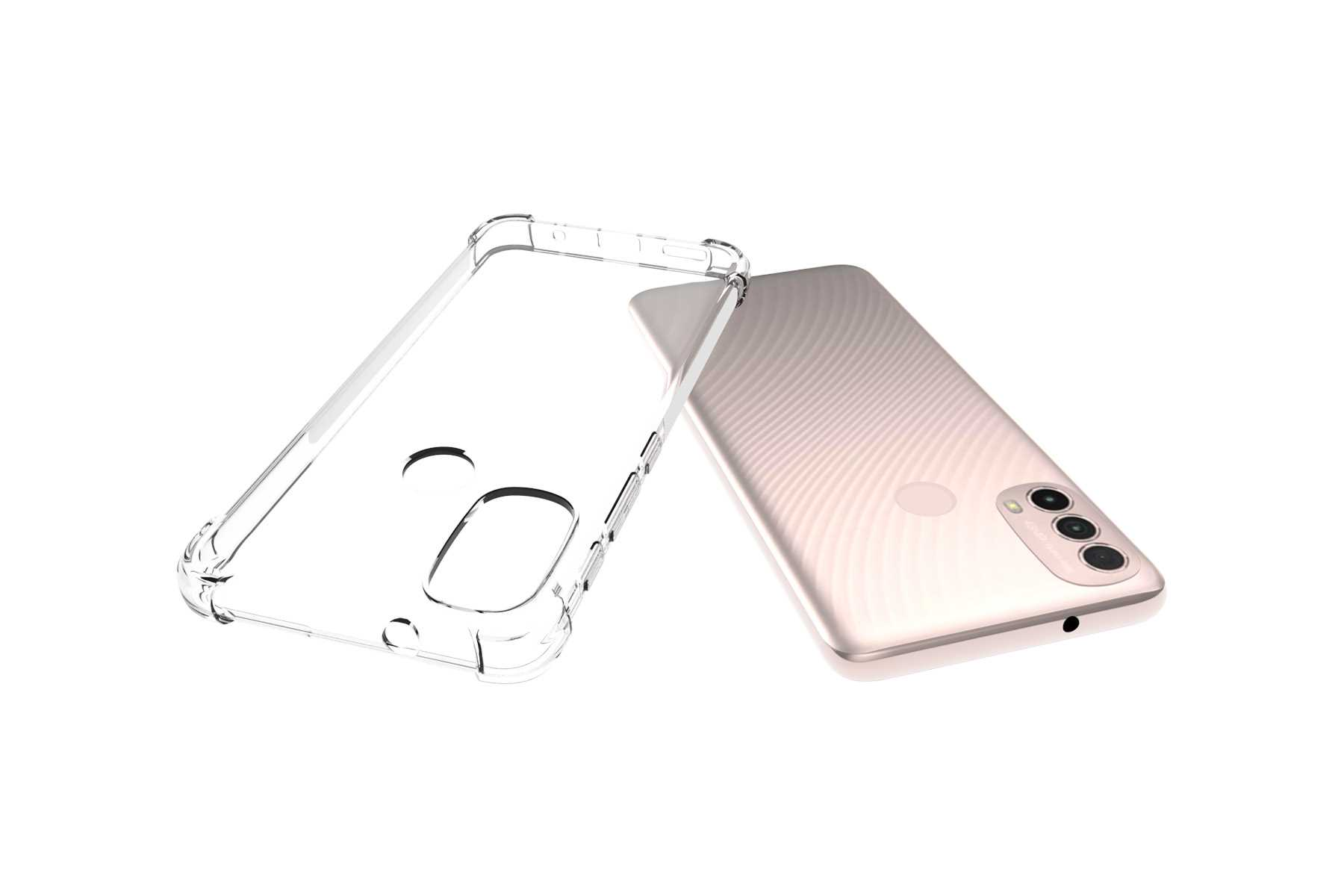 Transparente Handyhülle und Telefon. Hülle ist klar mit Eckenschutz. Telefon ist hellrosa. Weißer Hintergrund.