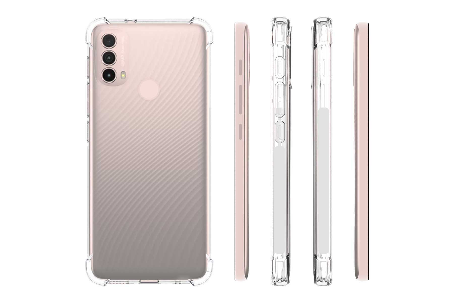 Ein Telefon in einer transparenten Hülle. Das Telefon ist hellrosa. Weißer Hintergrund. Mehrere Ansichten.