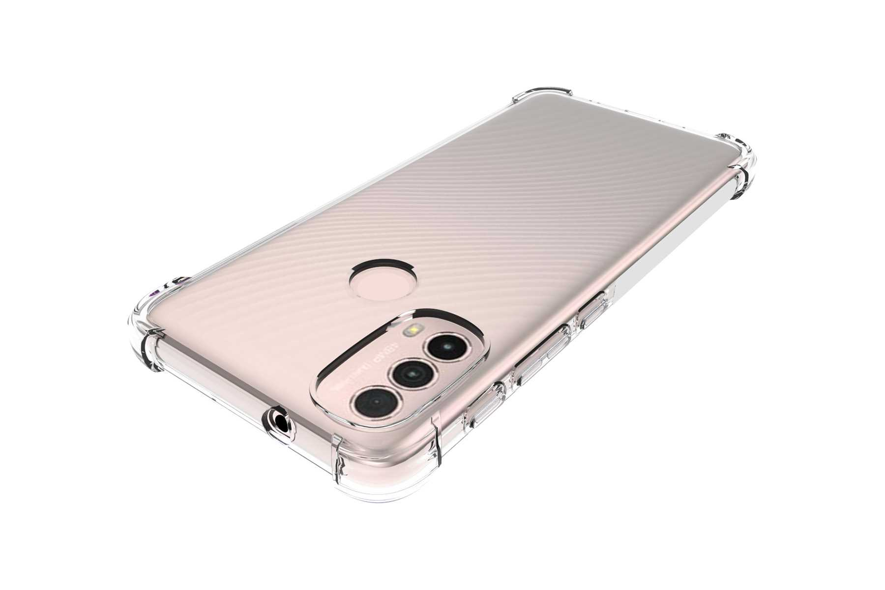 Eine transparente Handyhülle auf einem rosa Telefon auf weißem Hintergrund. Das Telefon hat eine Kamera.