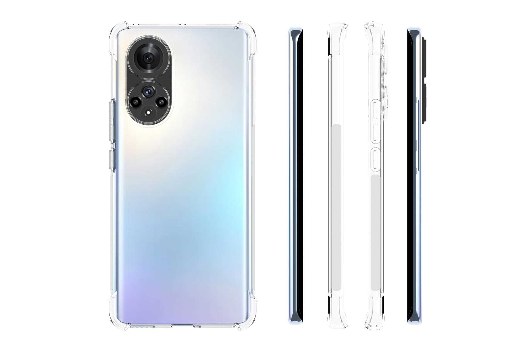 Ein Telefon in einer durchsichtigen Hülle. Die Hülle hat einen Kameraausschnitt. Das Telefon ist hellviolett.