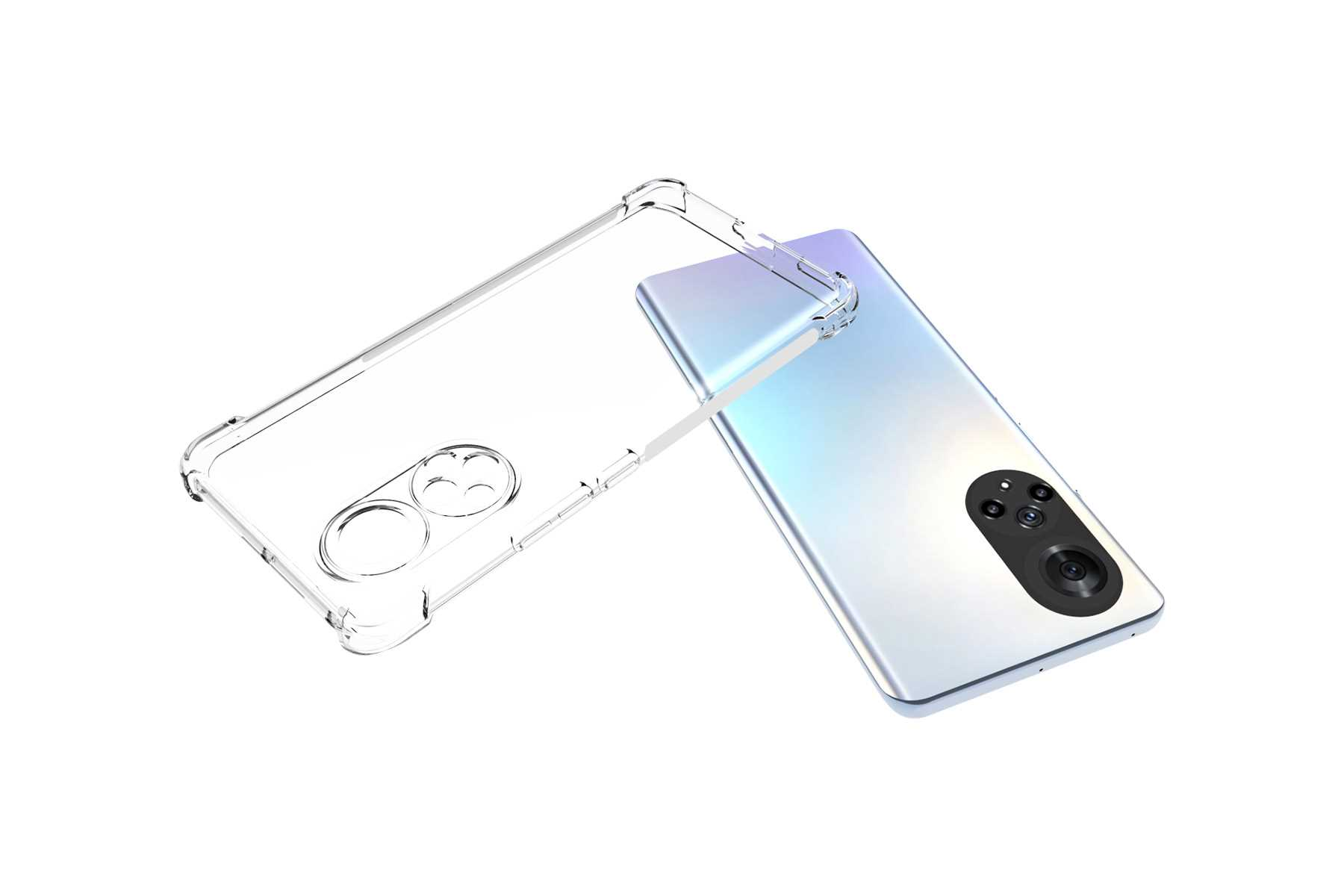 Eine transparente Handyhülle neben einem Handy. Das Handy hat eine silberne Rückseite und mehrere Kameras.