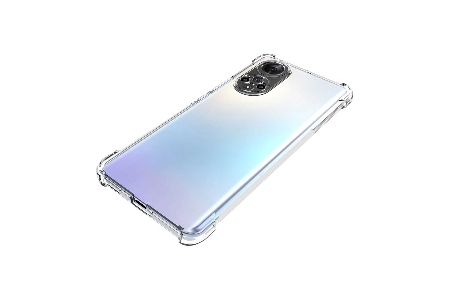 Silbernes Smartphone in einer transparenten Hülle, isoliert auf Weiß.