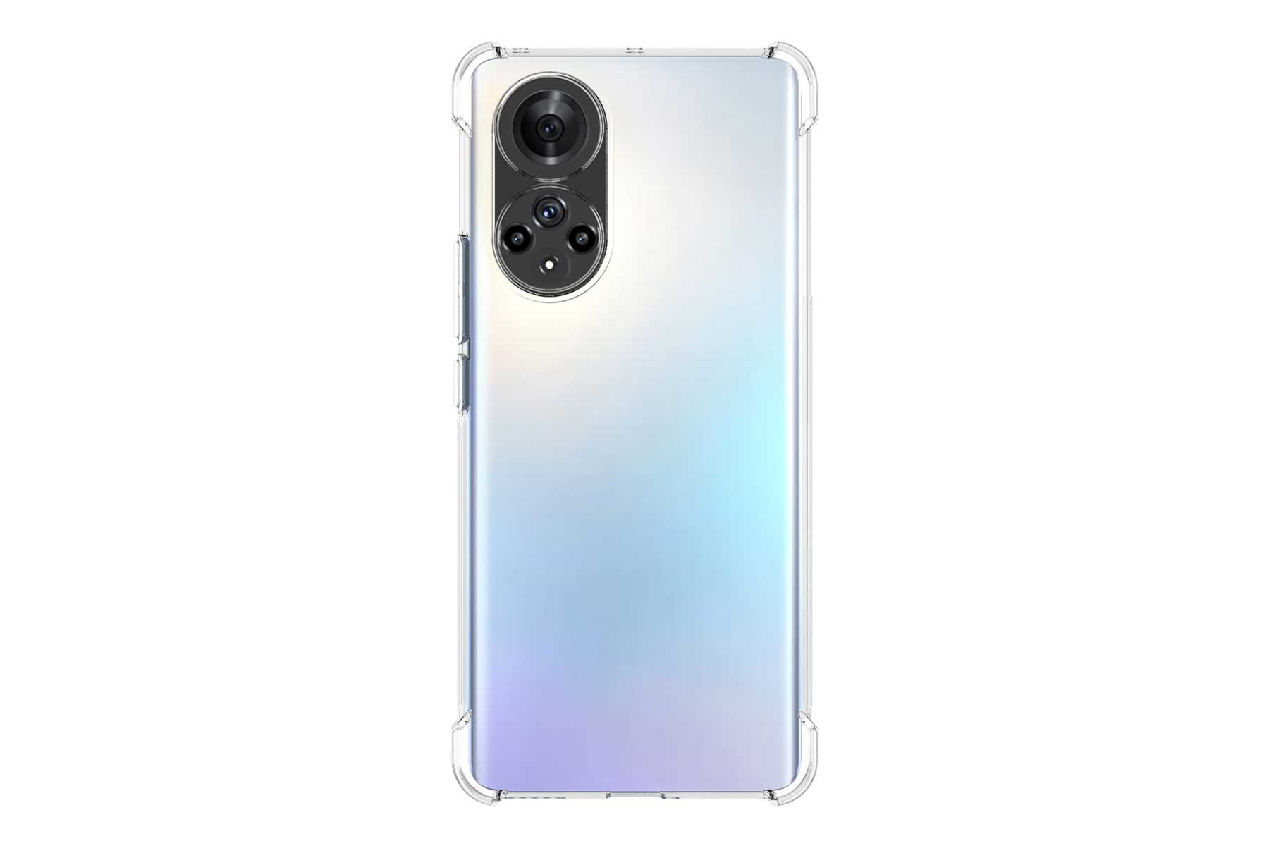 Ein Smartphone wird von einer transparenten Hülle umschlossen. Die Rückseite des Telefons hat eine Kamera.