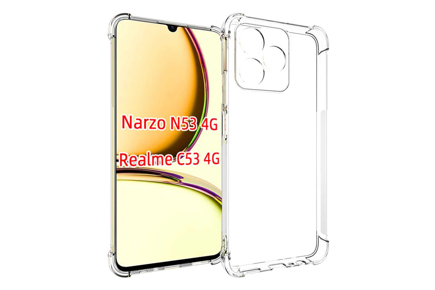 Transparente Handyhülle mit Telefon im Inneren. Text auf dem Bildschirm: Narzo N53 4G und Realme C53 4G.