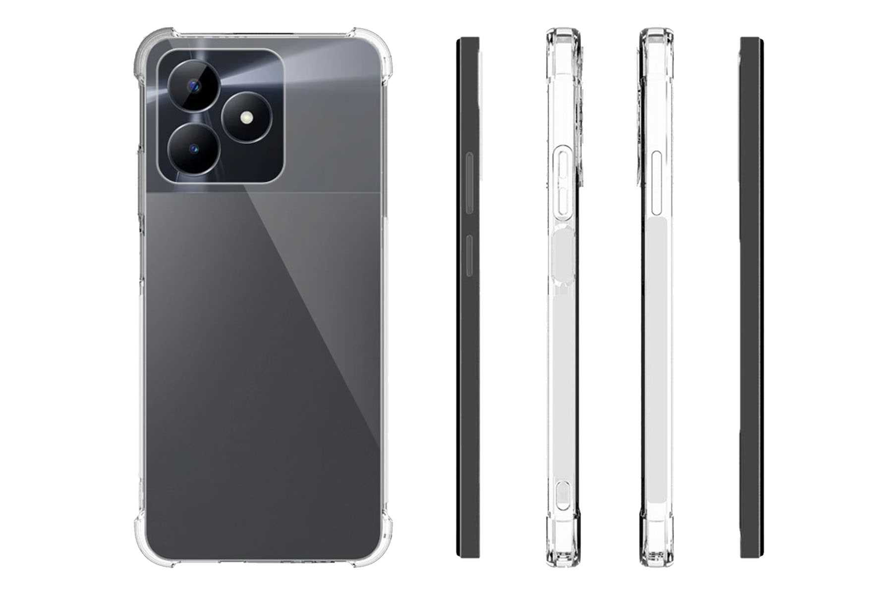 Smartphone mit durchsichtiger Hülle. Das Telefon ist grau mit drei Rückkameras. Mehrere Winkel werden gezeigt.