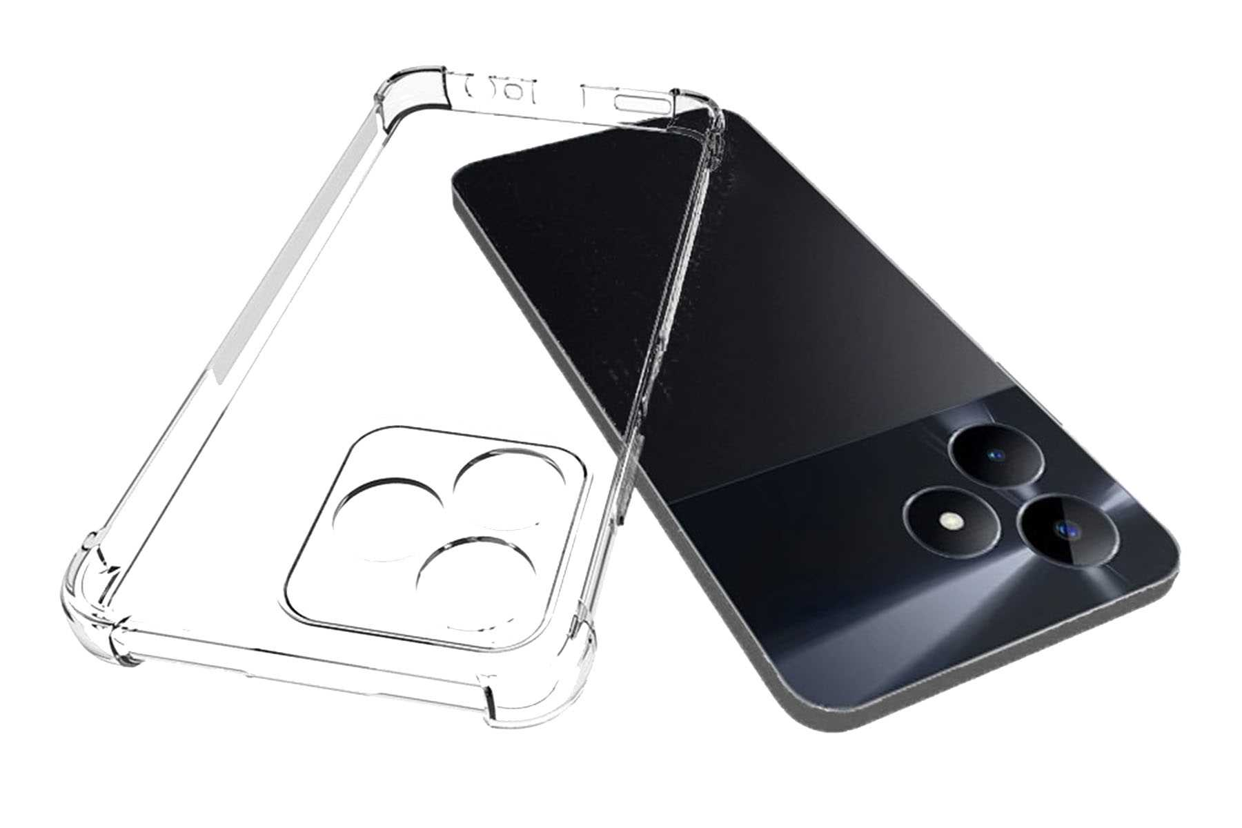 Schwarzes Smartphone mit klarer Hülle. Das Telefon hat mehrere Kameras.