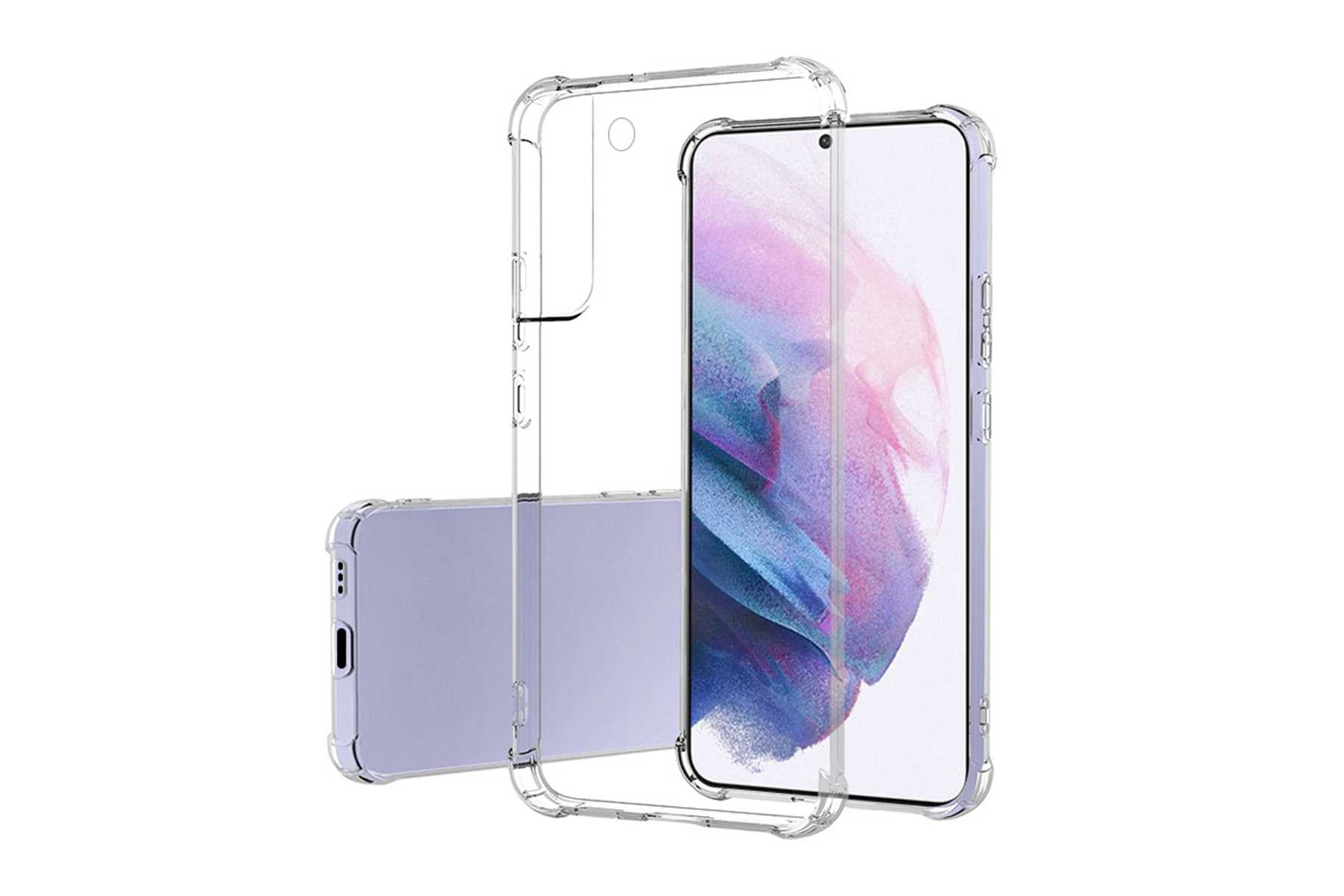 Transparente Handyhülle über einem Telefon. Das Telefon ist helllila, die Hülle ist transparent.