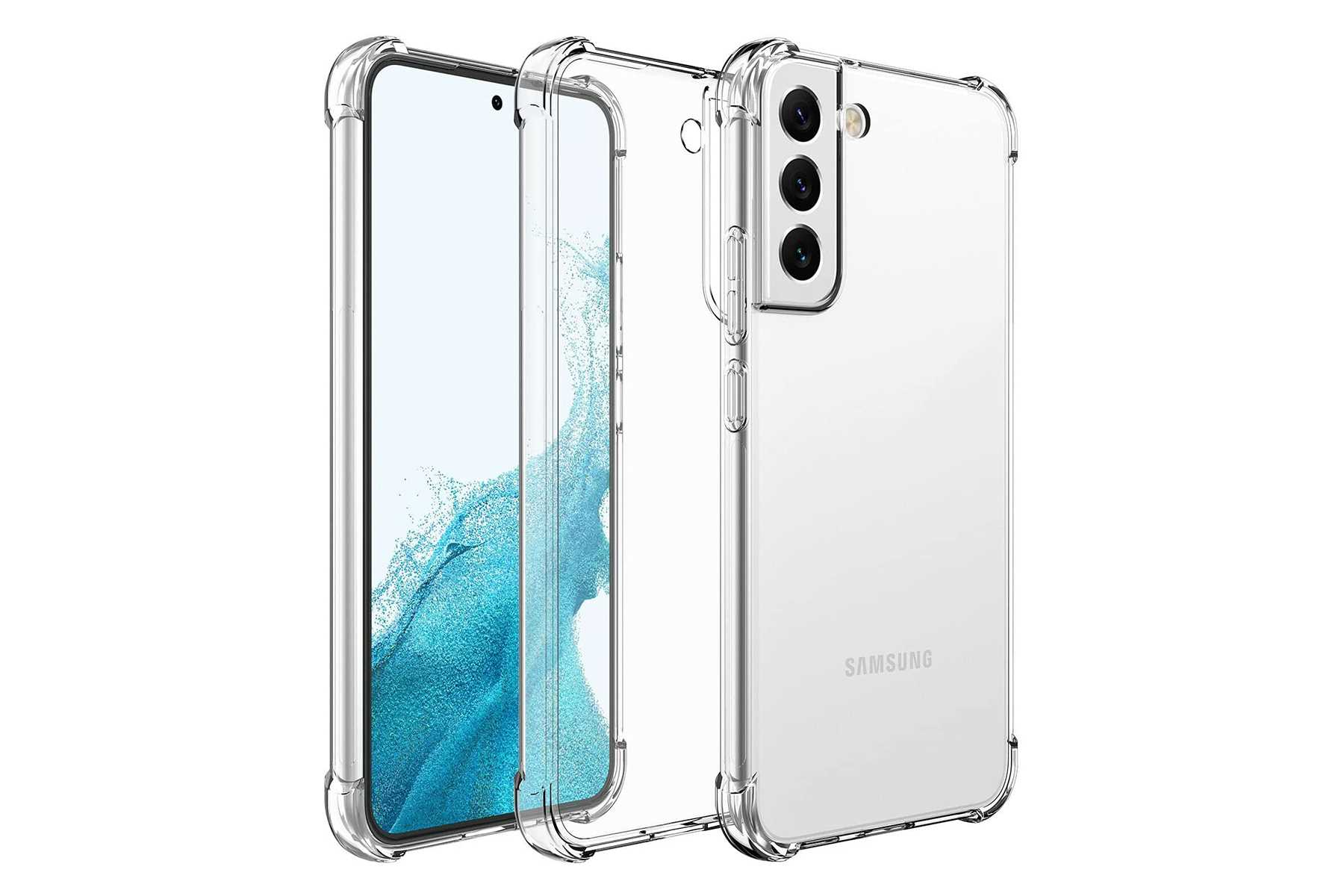 Ein Telefon mit transparenter Hülle auf Weiß. Die Hülle zeigt Design und Kamera des Telefons.