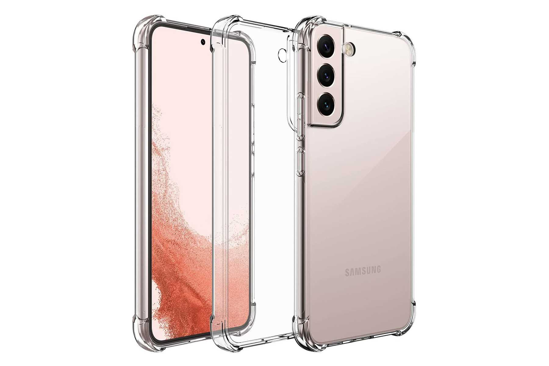 Transparente Handyhülle um ein rosa Samsung-Handy, das die Rückseite und die Kamera zeigt.