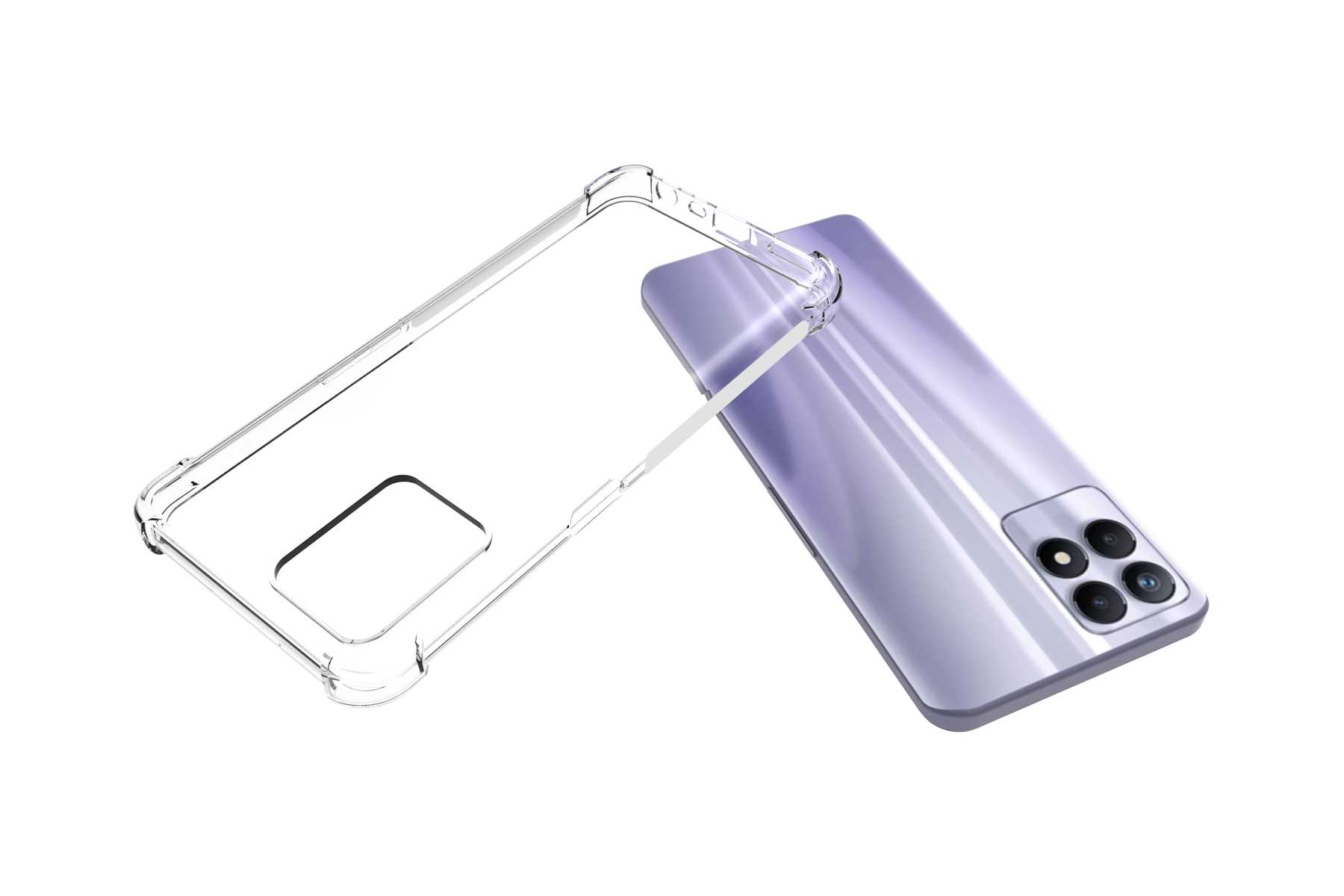 Transparente Handyhülle neben einem lila Telefon, weißer Hintergrund.