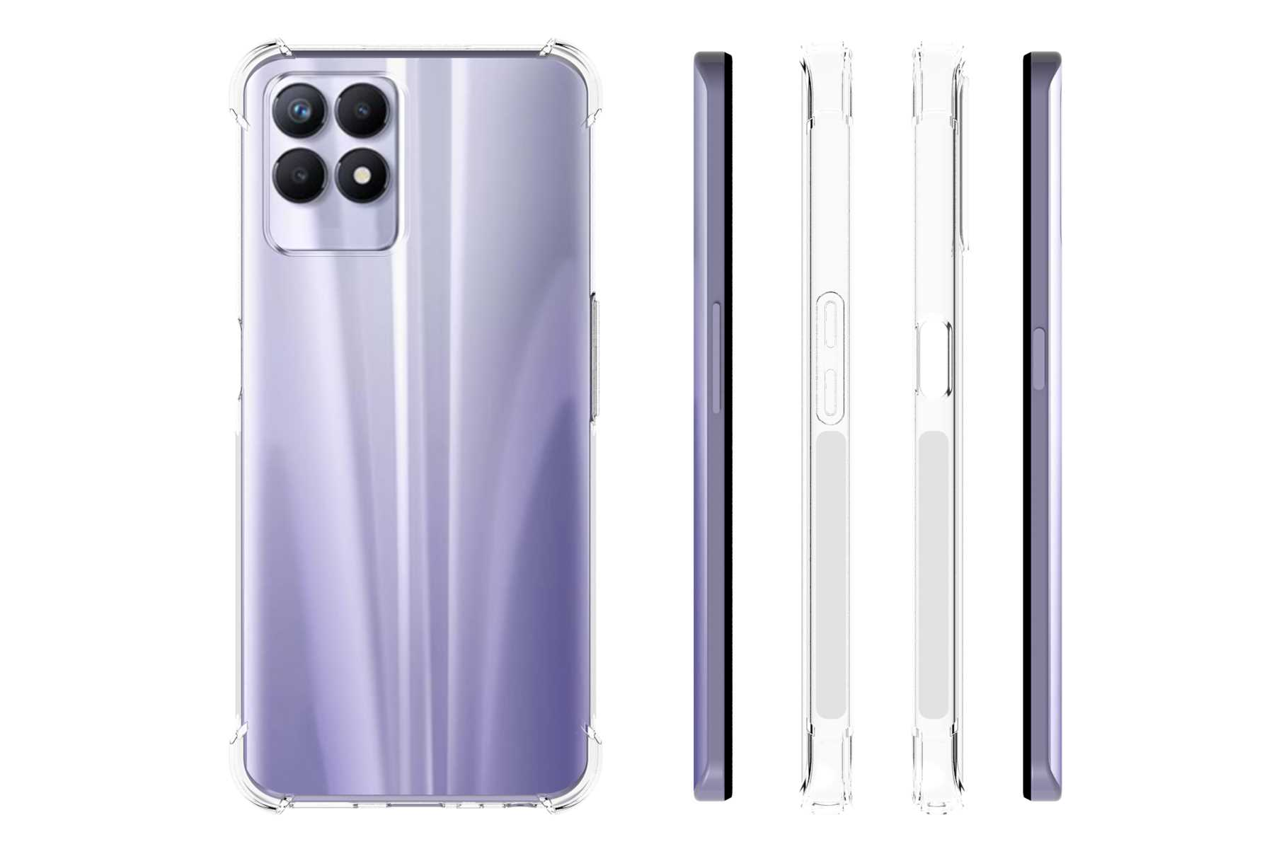 Telefon in klarer Hülle, Seiten- und Rückansicht. Lilafarbenes Telefon mit vier Kameralinsen.