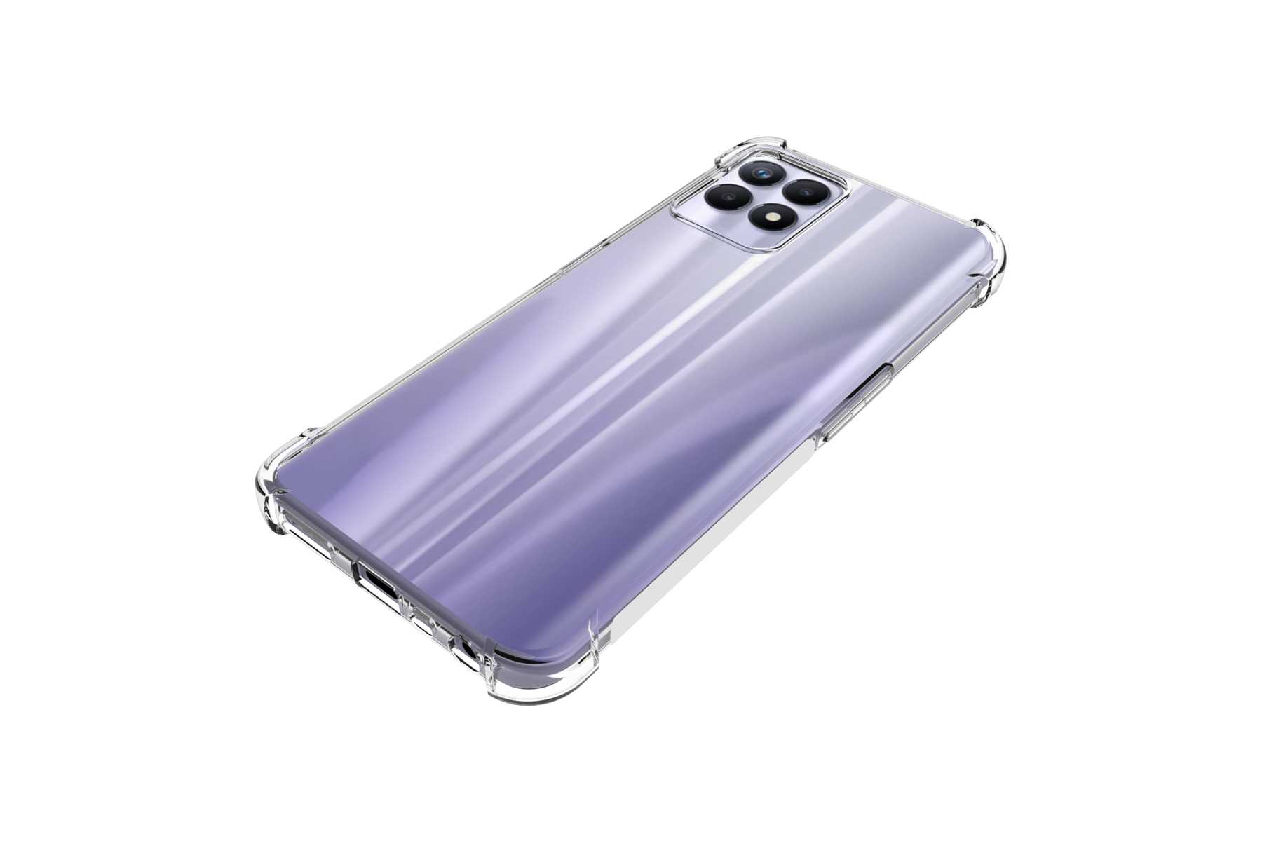 Ein lila Telefon in einer transparenten Hülle. Die Hülle hat verstärkte Ecken zum Schutz.