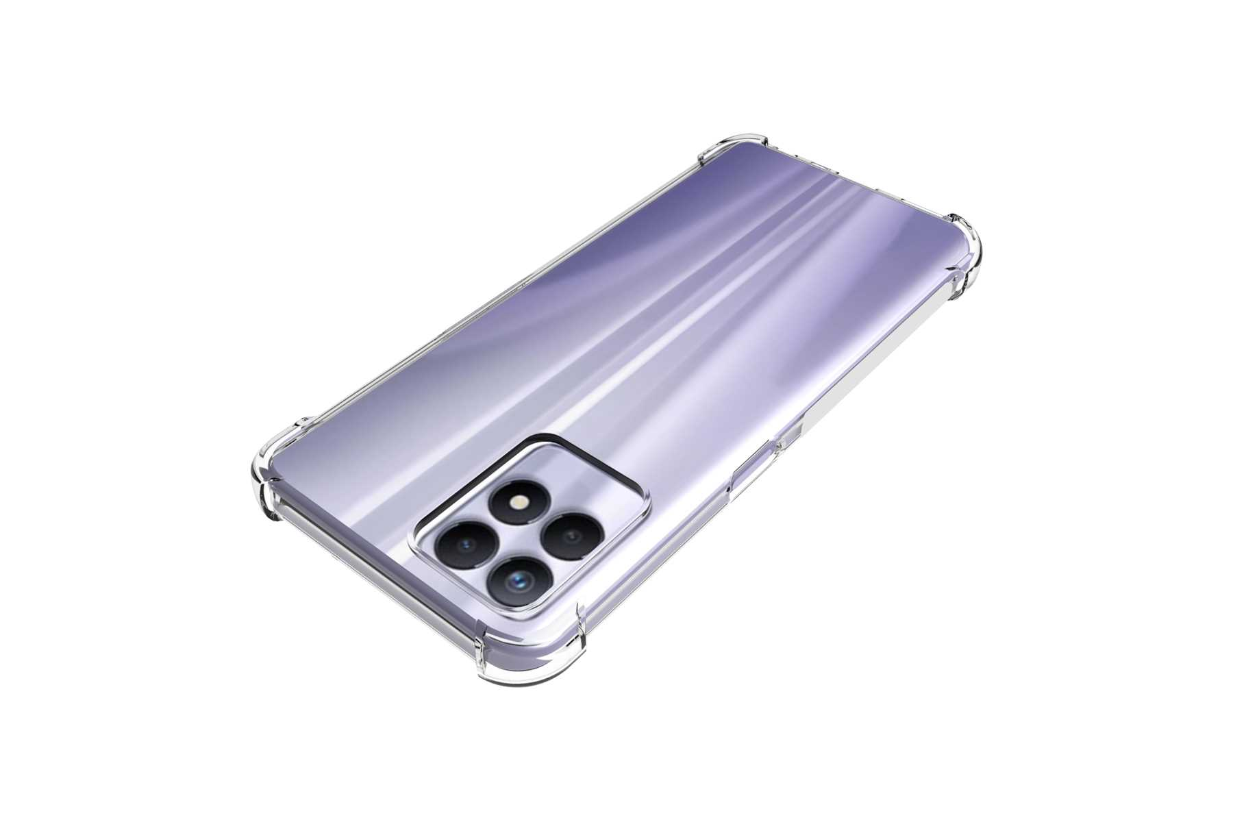 Smartphone in einer transparenten Hülle, schräge Rückansicht.