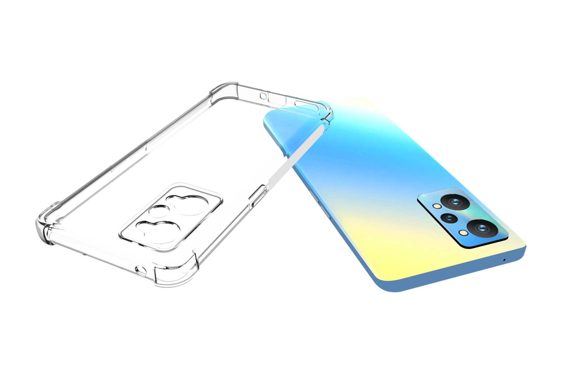 Eine transparente Handyhülle neben einem Handy. Das Telefon hat eine blaue, gelbe und weiße Gradientenrückseite.