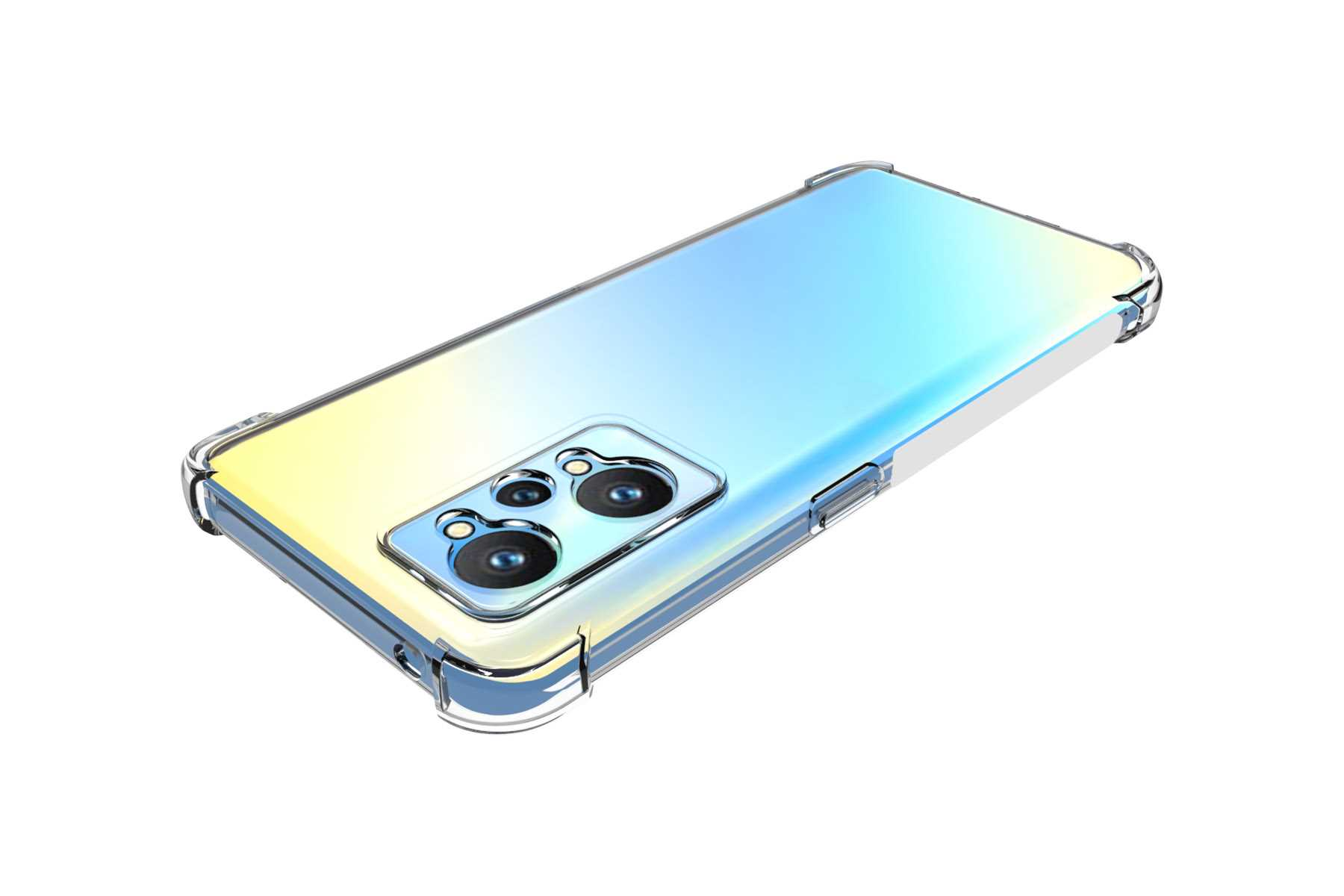 Telefon in einer transparenten Hülle, ein Farbverlauf von Gelb zu Blau.