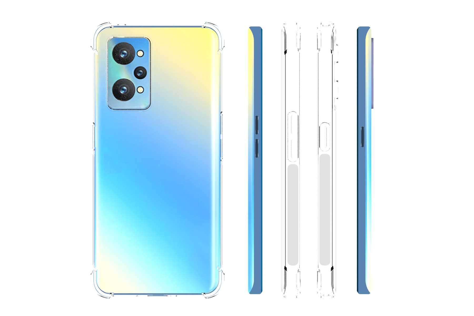 Telefon mit Farbverlauf-Hülle und transparenter Hülle, Seitenansichten.