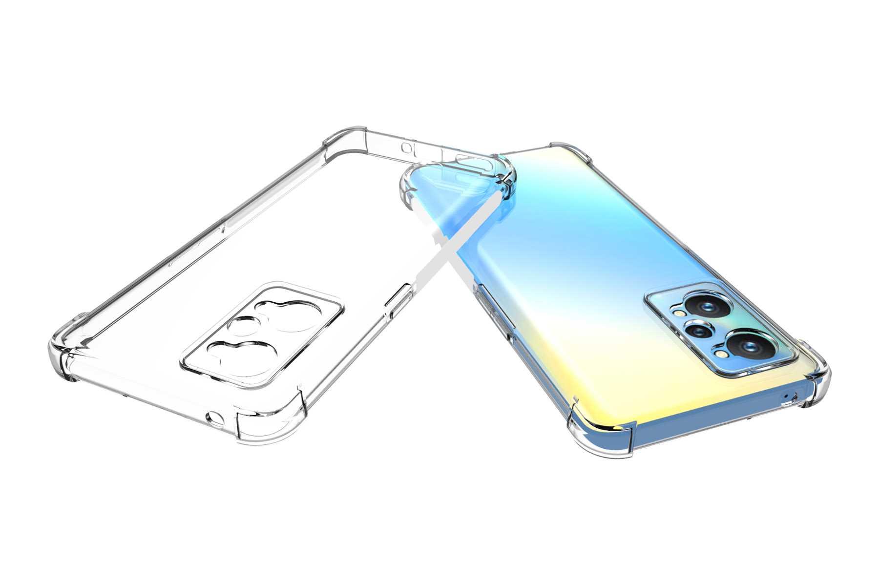 Telefon in einer transparenten Hülle. Das Telefon ist blau und gelb. Weißer Hintergrund. Gehäuse separat.