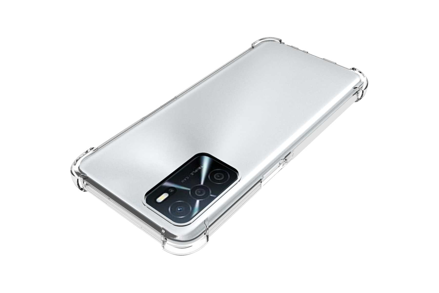 Transparente Handyhülle über einem Telefon mit Kamera, weißer Hintergrund.
