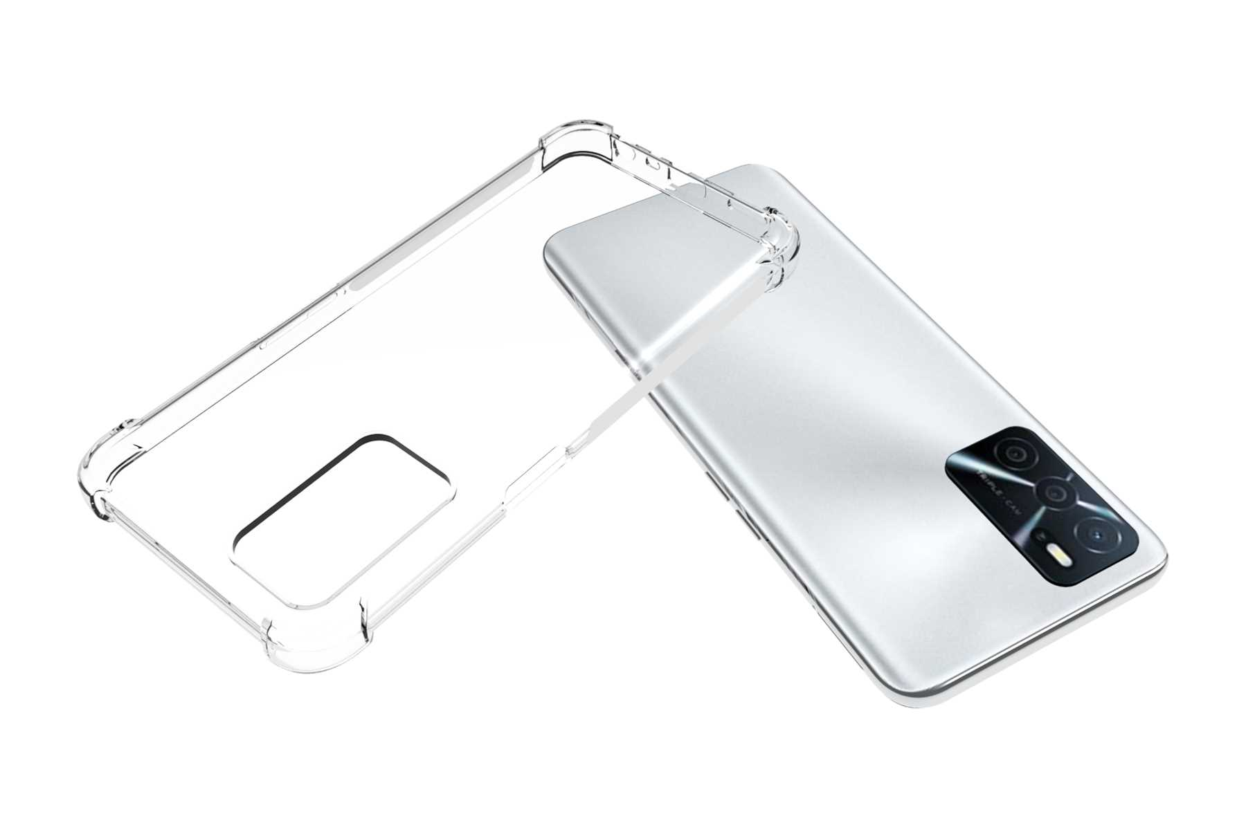 Eine transparente Handyhülle neben einem silbernen Smartphone auf weißem Hintergrund. Das Telefon hat eine Kamera.