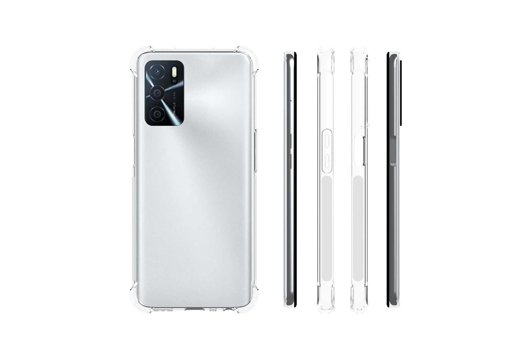 Ein Telefon mit transparenter Hülle auf Weiß. Die Hülle zeigt Rückseite, Kamera und Seitenprofil.