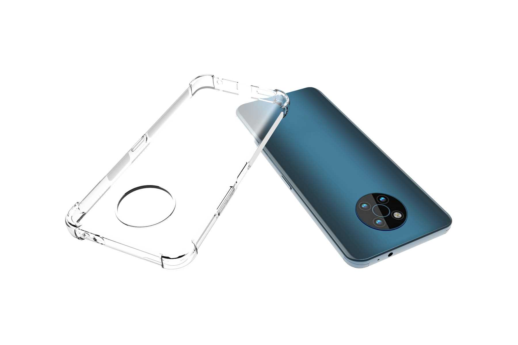 Ein blaues Telefon mit einer durchsichtigen Hülle links. Die Hülle ist transparent. Das Telefon hat eine Kameraanordnung.