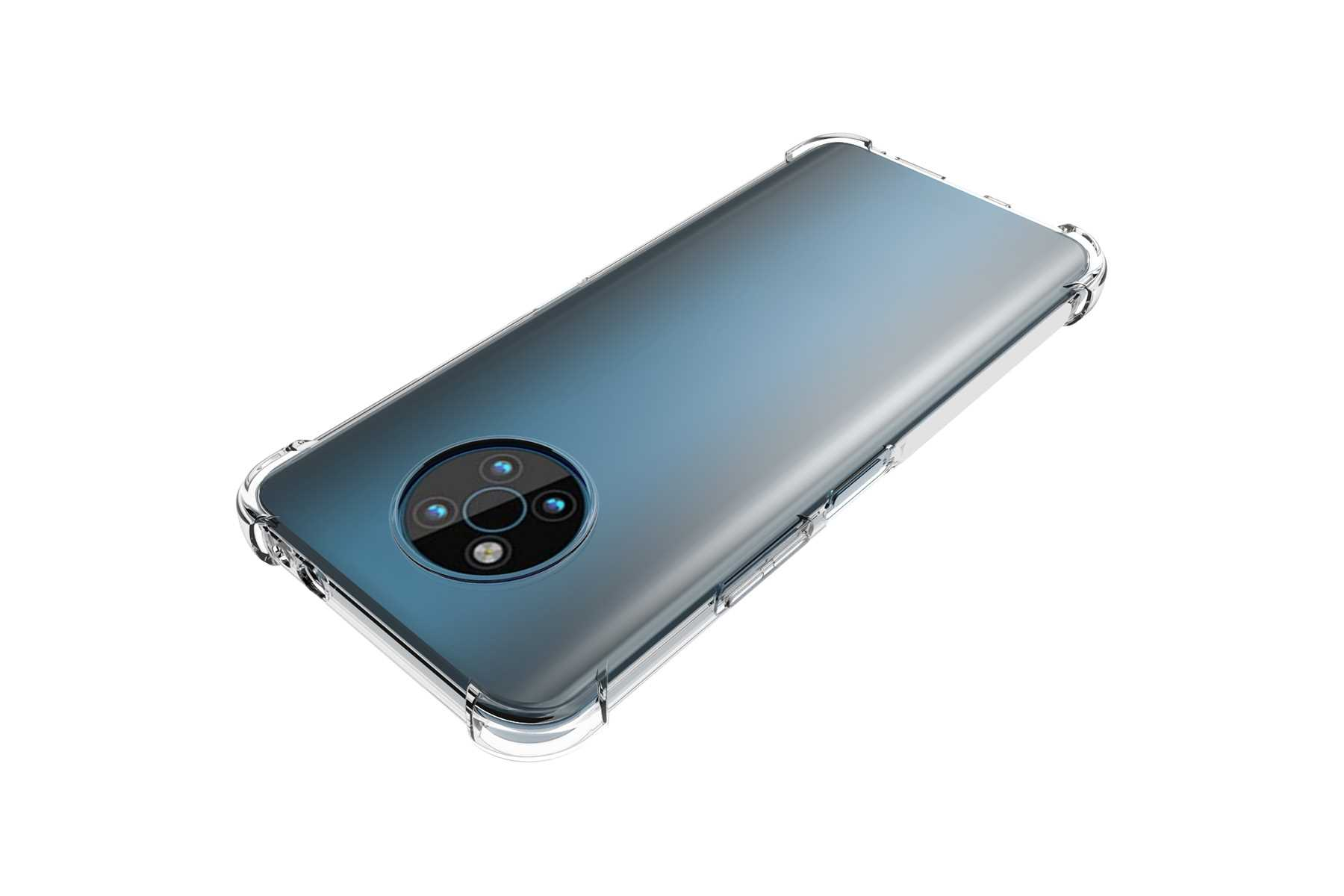 Telefon mit klarer Hülle. Die Rückseite ist blau, und hat eine Kamera.