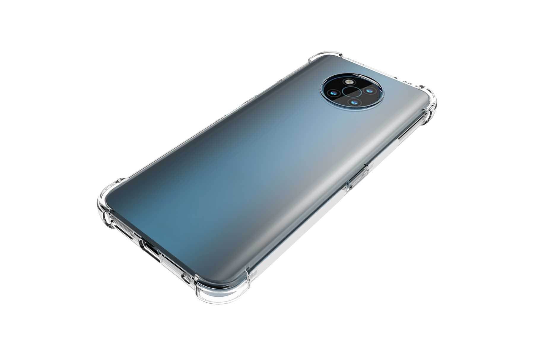 Transparente Handyhülle auf blau-gradientem Handy, mit Dreifach-Kamera.