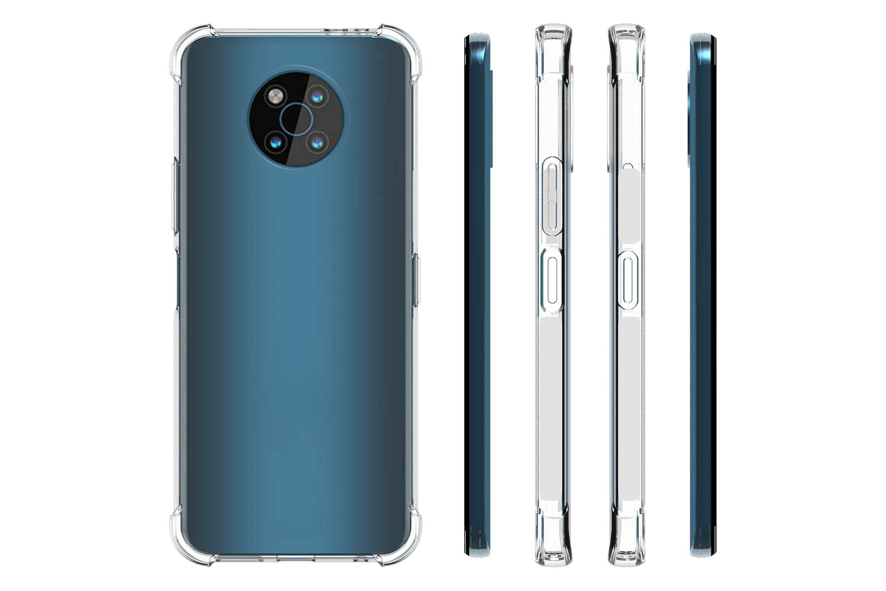 Transparente Handyhülle auf tealfarbenem Telefon, verschiedene Ansichten der Hülle.
